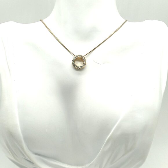 Gold-tone Circle Rhinestone Pendant Necklace - Picture 3 of 11